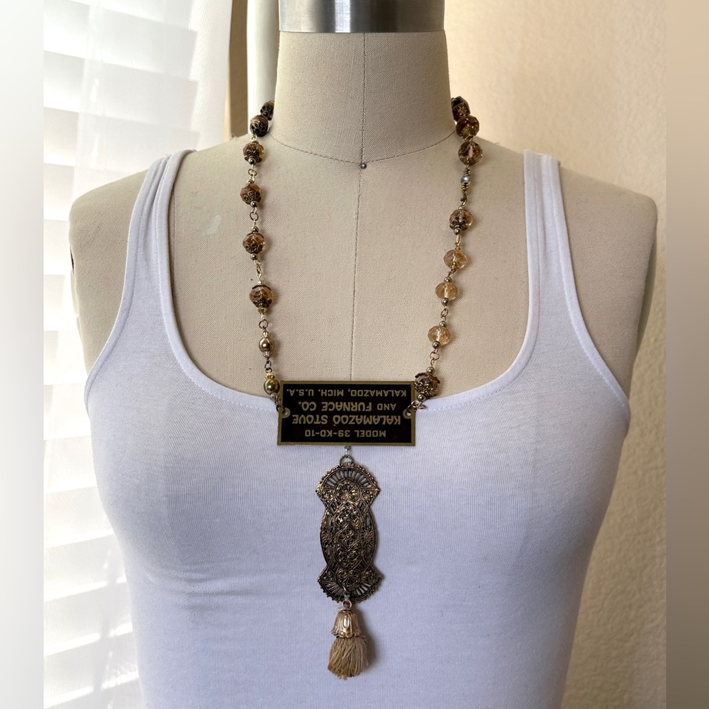 Upcycled gemstone necklace, brass label pendant, statement necklace